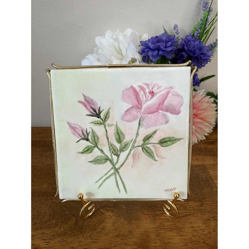 Vintage H&R Johnson England Ceramic Tile Trivet Hot Pad Pink Rose Floral Kitchen